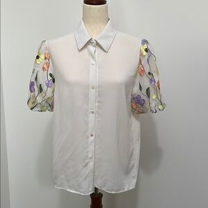 Floral Embroidered Sheer Sleeve White Blouse